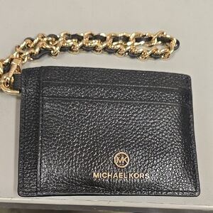 Michael Kors Black Card Holder with Gold Chain Pebbled Leather. Looks New!